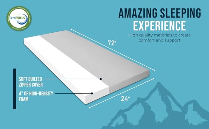 Foamma 4" x 24" x 72" High Density Roll-Up Camping Mattress with Water Resistant Zipper Cover, Foldable and Portable for Camping, RV Bunk, Tent, Guest Bed, Outdoor and Dorm, CertiPUR-US Certified Foam