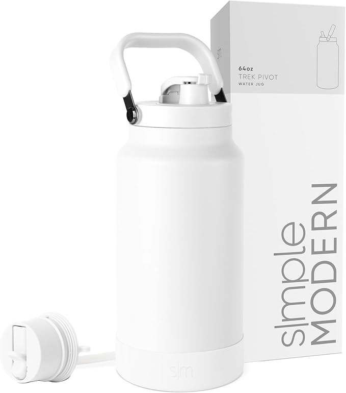 Simple Modern Trek Pivot | Half Gallon Water Bottle Jug with Handle & Boot | Interchangeable Straw & Chug Lids | Large Insulated Stainless Steel | Sports Camping Outdoors | 64oz, Winter White