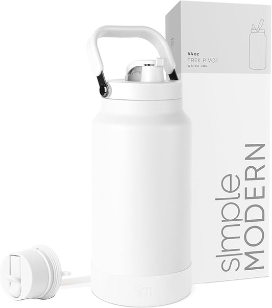 Simple Modern Trek Pivot | Half Gallon Water Bottle Jug with Handle & Boot | Interchangeable Straw & Chug Lids | Large Insulated Stainless Steel | Sports Camping Outdoors | 64oz, Winter White