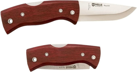 HELLE Knives - Raud M - Folding Pocket Knife - 2.72" Stainless Steel Blade with Red Birch Handle & Detachable Clip - Made in Norway