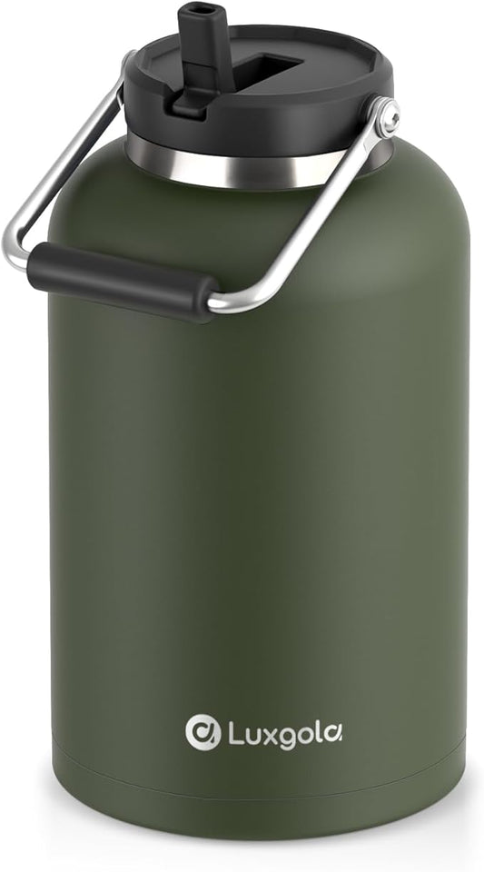128 oz Insulated Water Jug with Straw Lid and Handle, One Gallon Stainless Steel Double Vacuum Water Bottle for Hot & Cold Drinks - Sweat Proof, Great for Travel, Hiking, Camping - Olive Green