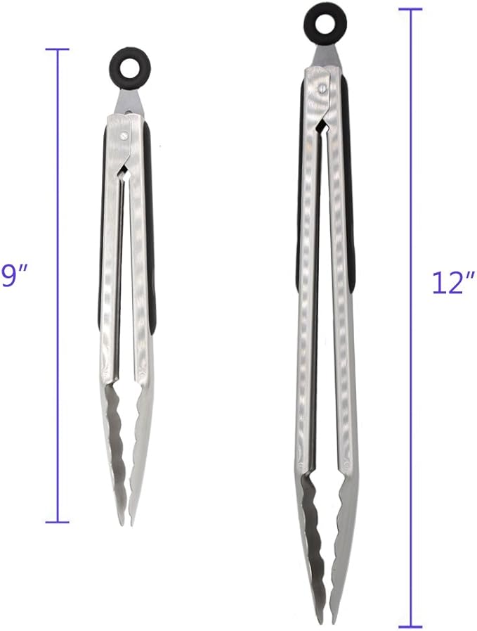 304 Stainless Steel Kitchen Cooking Tongs, 9" and 12" Set of 2 Sturdy Grilling Barbeque Brushed Locking Food Tongs with Ergonomic Grip, Black
