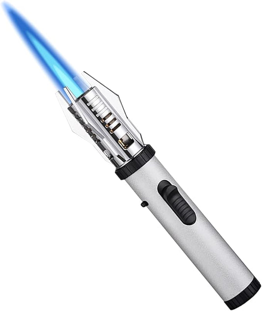 Torch Lighter, Camping Outdoor Windproof Straight Flame Lighter, Refillable Butane Lighter with Safety Lock and Adjustable Flame Size, for Outdoor BBQ Camping Kitchen Cooking (Silver)