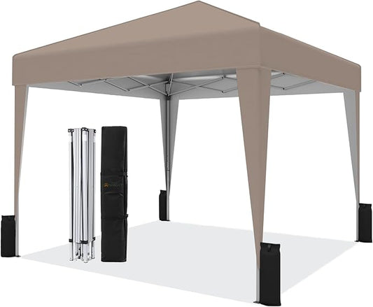 SANWAY 10x10 Pop Up Canopy Tent, One-Button Easy Setup, Outdoor Sun Shade for Events, Camping, Parties, Beach Tent - Silver White (Beige, 10'x10')