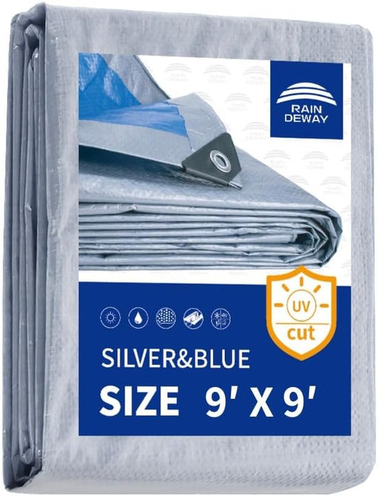 RAINDEWAY Tarps 9x9 Feet - 5.5 Mil, Multipurpose Waterproof Poly Tarp Cover with Metal Grommets and Reinforced Edges, Silver/Blue Tarp
