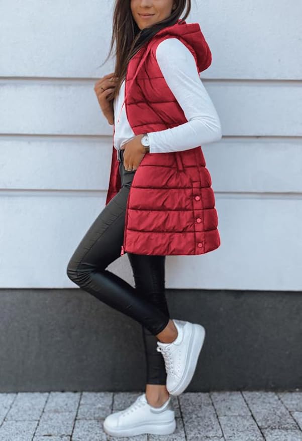 Veatzaer Women Long Vest Solid Color Sleeveless Hood Winter Puffer Vest Outwear