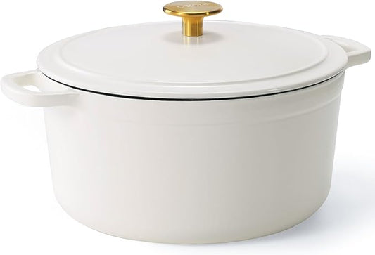 CAROTE Cast Iron Dutch Oven Pot with Lid, Enameled Dutch Oven for Sourdough Bread Baking, Dual Handles, Heavy-Duty Cast Iron Pot, 5QT, White