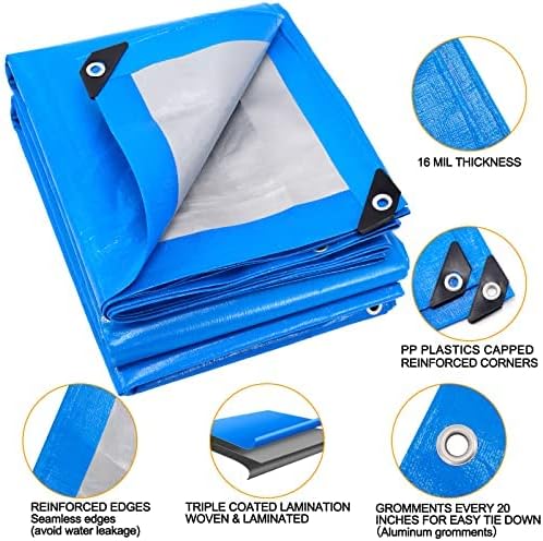 Tarps Heavy Duty Waterproof 8x10, Blue Tarp, Waterproof Plastic Poly 16 Mil Thick Tarpaulin with Metal Grommets Every 19.5 Inches - Emergency Rain Shelter, Outdoor Cover, and Camping Use