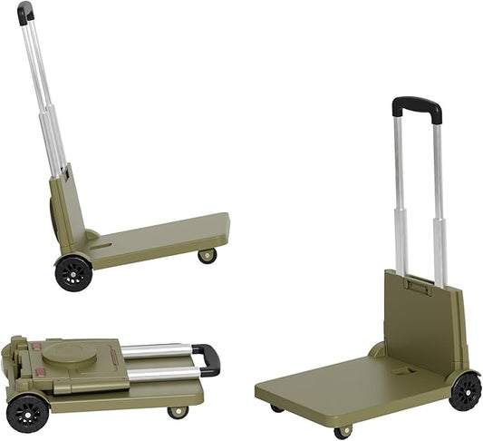 [220LBS Capacity] 4-Wheel Folding Hand Truck with Strong Base & Ropes - Heavy Duty Platform Cart for Moving/Shopping | Space-Saving Foldable Design Black Utility Carts Trolley Cart, (Green, M)