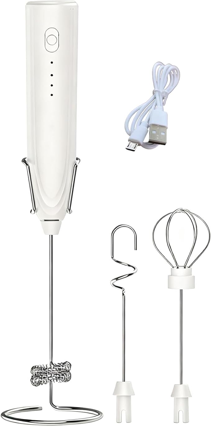 3-in-1 Electric Milk Frother Set, Wireless Rechargeable, 3 Speed Settings with Stand, White