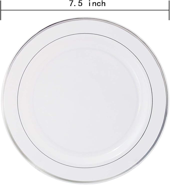 WELLIFE 144 Pieces Silver Plastic Dessert Plates, 7.5 inch Disposable Salad Plates, Premium White Appetizer Plates with Silver Rim, Ideal for Party, Wedding