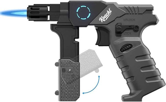 Butane Torch - Foldable Grip Kitchen Butane Torch with Safety Lock & Blue Light, Creme Brulee Torch for Cooking, BBQ & Soldering (Butane Not Included)