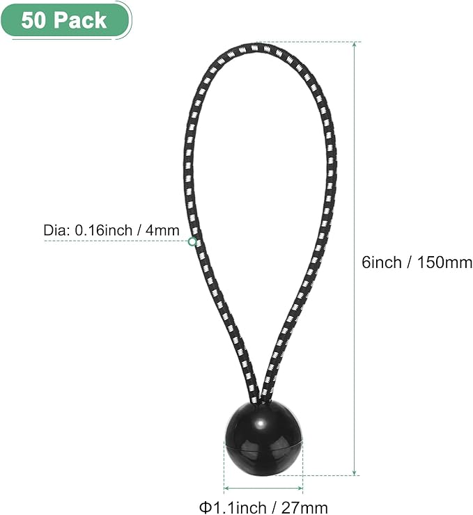 50-Pack Ball Bungee Cords, 6 Inch High Elastic Canopy Tarp Tie Down Bungee Balls for Camping/Tent/Cargo Holding Wire Hoses/Patio Umbrellas/Shelter [Black White]