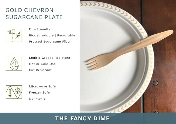 Disposable Plate: Heavy Duty Elegant Eco Friendly Compostable Paper Plates (50 Count), Tree Free Sugarcane Bagasse Plate with Color Party Plate (7 inch Gold Dessert/Appetizer Plate)