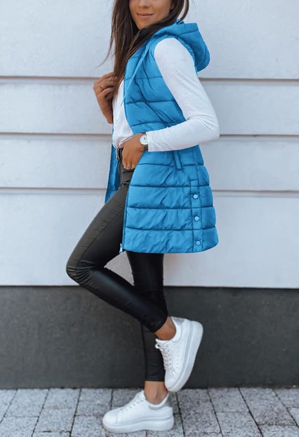 Veatzaer Women Long Vest Solid Color Sleeveless Hood Winter Puffer Vest Outwear