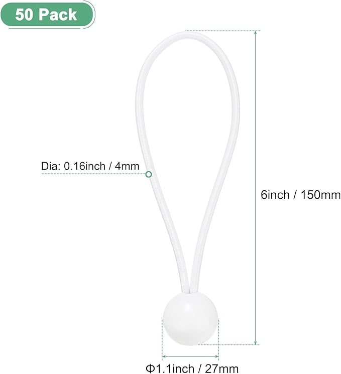 50-Pack Ball Bungee Cords, 6 Inch High Elastic Canopy Tarp Tie Down Bungee Balls for Camping/Tent/Cargo Holding Wire Hoses/Patio Umbrellas/Shelter [White]