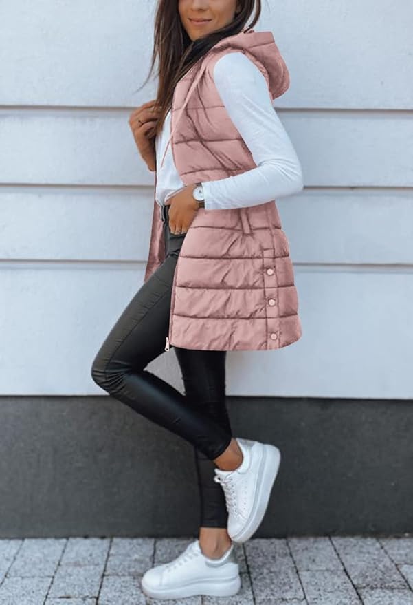 Veatzaer Women Long Vest Solid Color Sleeveless Hood Winter Puffer Vest Outwear