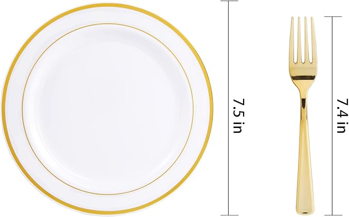Nervure 204PCS Gold Dessert Plates with Forks - 102PCS 7.5inch Disposable Gold Plastic Plates and 102PCS Plastic Forks Perfect for Salads, Desserts, Parties, Catering, Christmas & Party & Father's Day