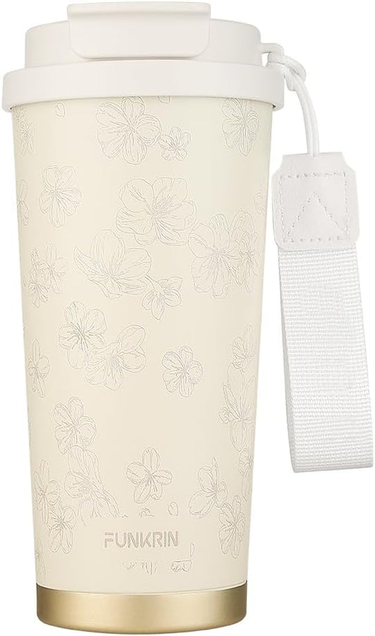 Funkrin Coffee Travel Mug with Straw & Flip Lid, 16oz Insulated Tumbler Cup with Ceramic Coating, Double Wall Vacuum Leak-Proof Mug for Office School Party Camping