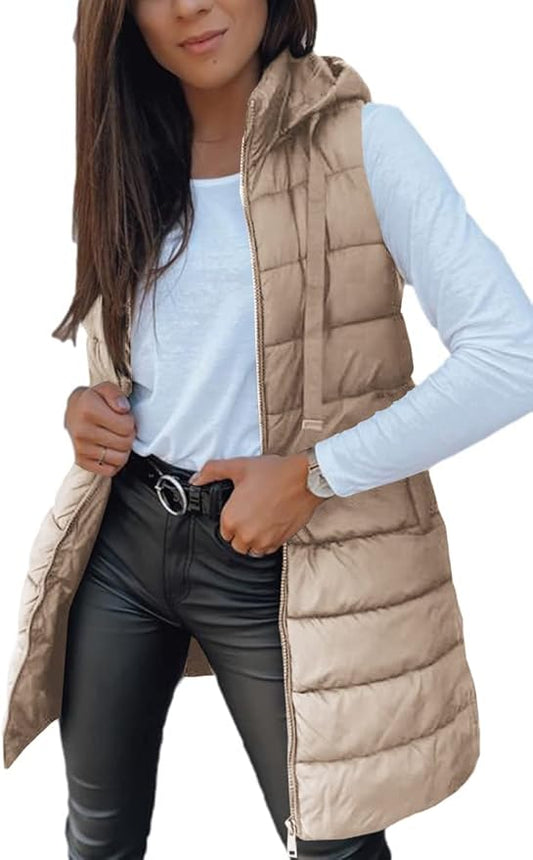 Veatzaer Women Long Vest Solid Color Sleeveless Hood Winter Puffer Vest Outwear