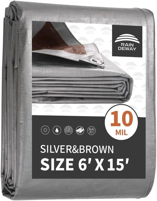 RAINDEWAY Tarps Heavy Duty Waterproof 6x15 Feet,10Mil Thick Multipurpose Poly Tarp Cover with Metal Grommets and Reinforced Edges,Silver/Brown Tarp
