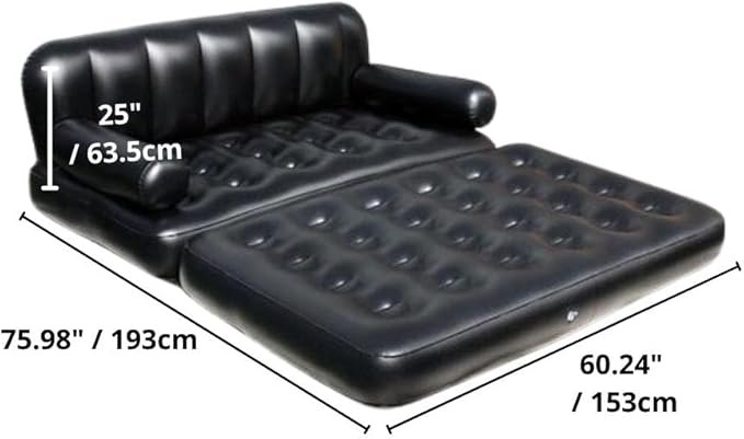 Folding Portable Inflatable Sofa Twin Bed, Lazy Flocking Queen Size Air Bed Mattress - Great for Pop Up Indoor Living Room and Outdoor Balcony, Backyard, Camping, Picnic, RV + Foot Pump (Black)