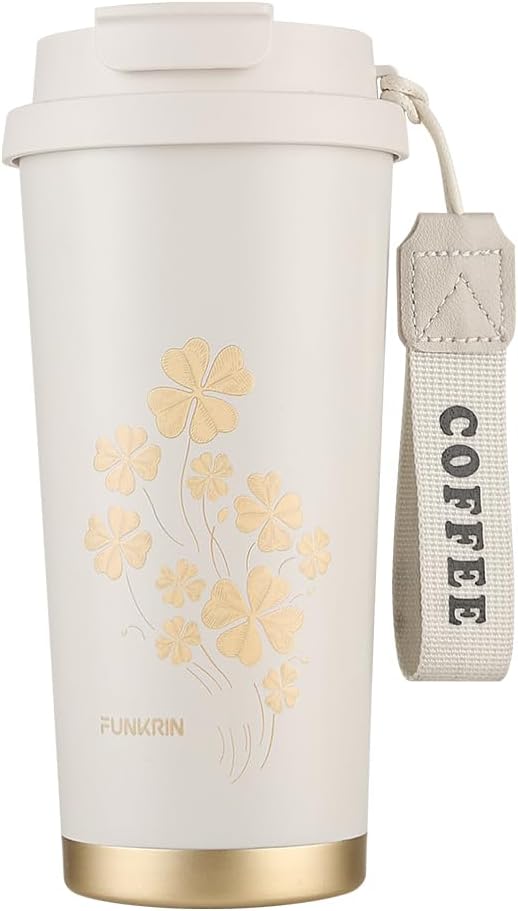 Funkrin Coffee Travel Mug with Straw & Flip Lid, 16oz Insulated Tumbler Cup with Ceramic Coating, Double Wall Vacuum Leak-Proof Mug for Office School Party Camping