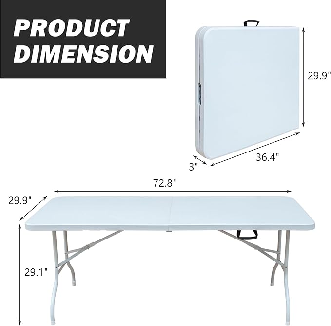 Icoud 6ft Plastic Folding Table Portable Heavy Duty White Dining Table Fold-in-Half for Camp Party Kitchen Indoor Outdoor