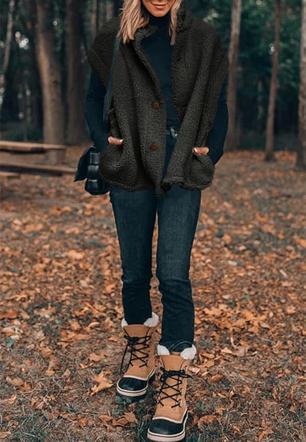 Hongqizo Womens Fuzzy Fleece Vest Casual Oversized Warm Button Down Sherpa Vest Jacket with Pockets