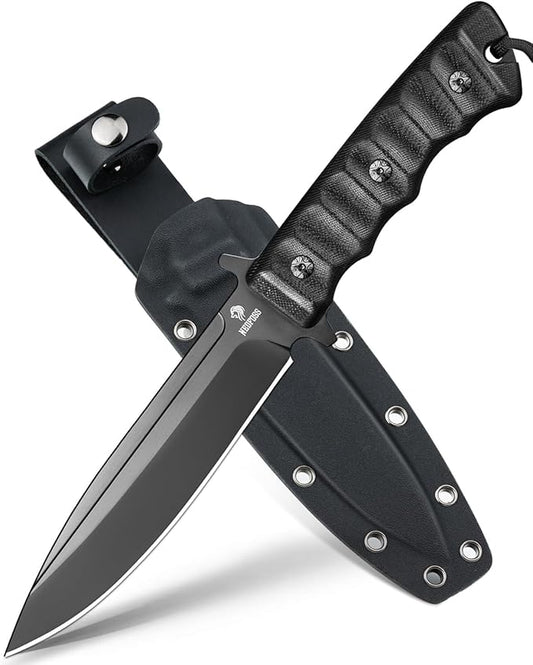 NedFoss BLACK PHOENIX Hunting Knife with Kydex Sheath, 5.5" 8Cr14Mov Survival Fixed Blade Knife with Full Tang G10 Handle, Bushcraft Camping and Tacitical Gifts for Men