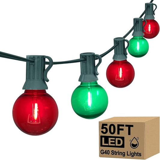 GOOTHY 50Ft Outdoor Red/Green Christmas Lights, G40 Globe Patio String Light with 25 Shatterproof Bulbs(2 Spare), Outside Christmas Lights for Holiday Party Backyard