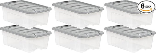 Amazon Basics Plastic Storage Containers with Secure Latching Lids, Stackable Organization Bins, Clear/Grey, 12 Quart, Set of 6