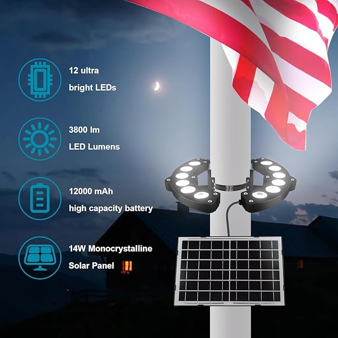 Flag Pole Lights Solar Powered 14W12000 mAh Solar FlagPole Light Up to 18-24 Hrs, IP67 Waterproof, Adjustable Clamp fits 2-6” Dia 15-40 Ft Outdoor Flagpoles Brightest, Auto Dusk to Dawn