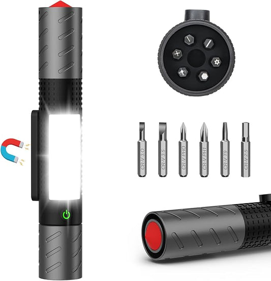 Rechargeable Flashlight, Includes Screwdriver, Window Breaker, 4 Main Lighting Modes, 3 Side Lighting Modes, High and Low Beam, Magnetic Rechargeable Flashlight for Home, Car, Hiking, Camping