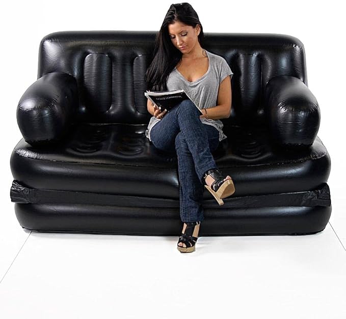 Folding Portable Inflatable Sofa Twin Bed, Lazy Flocking Queen Size Air Bed Mattress - Great for Pop Up Indoor Living Room and Outdoor Balcony, Backyard, Camping, Picnic, RV + Foot Pump (Black)