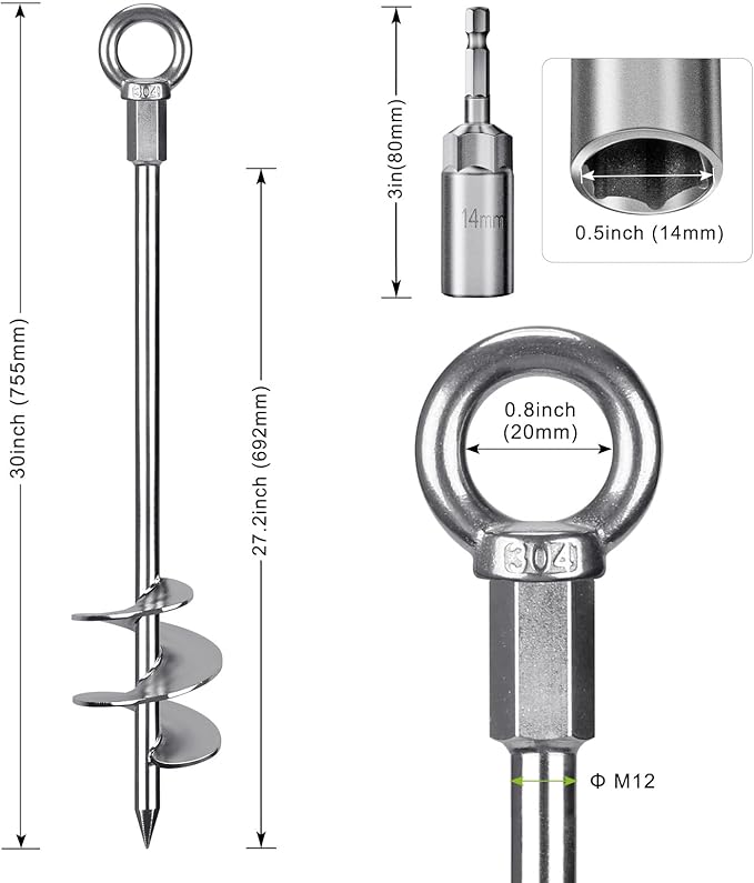 30'' Ground Anchors Screw in Heavy Duty 12mm Solid Steel, 3" Spiral Blade with Smooth Edges, Fully Welded Design for Mobile Home, Shed, Trampoline, Swing Set, Carport, Earth, Tent, 6Pack