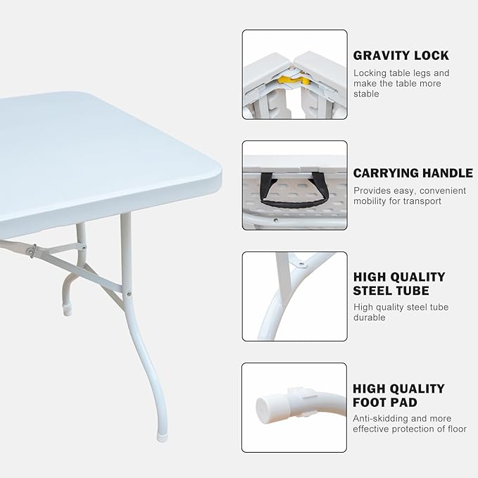 Icoud 6ft Plastic Folding Table Portable Heavy Duty White Dining Table Fold-in-Half for Camp Party Kitchen Indoor Outdoor