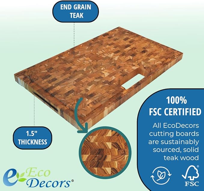 EcoDecors, Teak End Grain Cutting Board 29"x18", Solid FSC Teakwood Carving Board with Juice Groove, Handles & Waste Disposal, Butcher Block Cutting Board for Kitchen, BBQ, and Stove-Top Prep