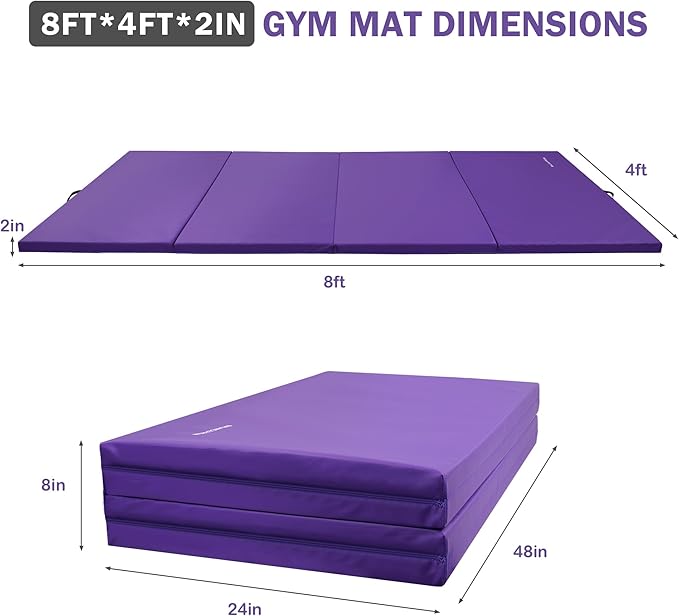 Folding Exercise Gymnastics Mat, 4'x8'x2" Gym Workout Mat with Carrying Handles 4-Fold High-Density Anti-Tear Portable Fitness Aerobics Mat for Home Gym Yoga Pilates Tumbling MMA Core Training