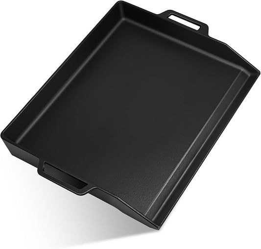 Hiorucet 18 Inch Cast Iron Griddle, Large Flat Top Plate for Gas Grills and Range Oven, Universal BBQ Cooking Grill Griddle Pan Insert with Handles for Indoor/Outdoor, Camping, Tailgating, Parties.