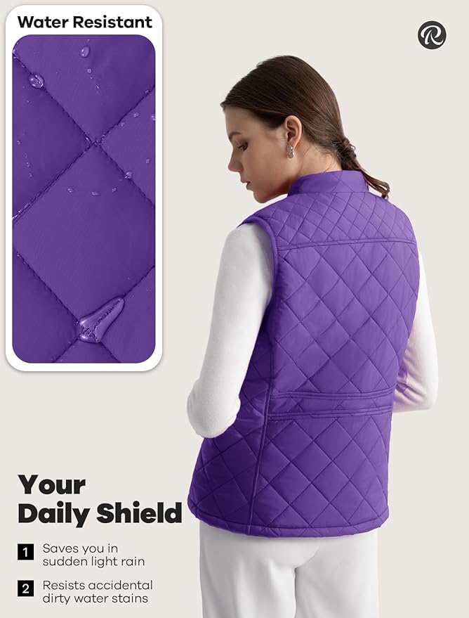 Women's Vest, Quilted Puffer Water-Resistant Zip With Pockets