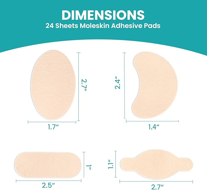 Moleskin Strips with Adhesive Blister Prevention Pads Mole Skin Tape Stickers for Feet Heel Shoes Padding-48 Sheets of 4 Shapes，Beige