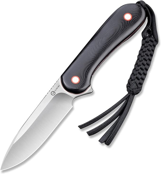 CIVIVI Fixed Blade Elementum Knife 3.98" Blade, Contoured G10 Handles, Belt Knife with Leather Sheath,Tied Paracord Lanyard for Outdoor EDC C2104A
