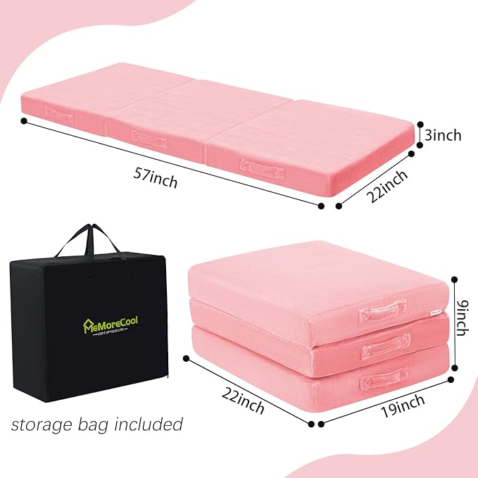 MeMoreCool Foldable Floor Mattress for Kids, Toddler Nap Mat for Daycare, Portable Trifold Futon and Floor Bed, Tri-Folding Mattress, Pink 57x22 Inch
