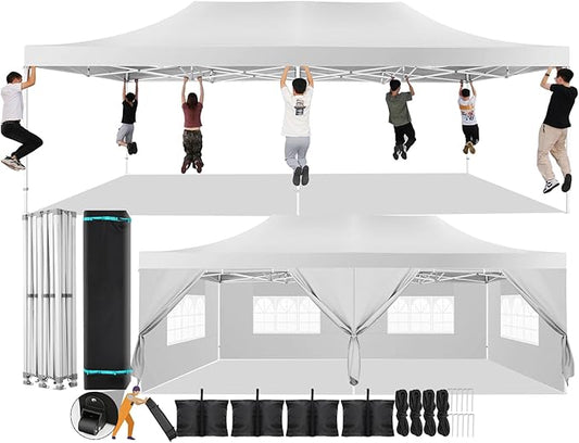 COBIZI 13x26 Pop Up Canopy with 6 Sidewall,Heavy Duty Canopy UPF 50+ All Season Wind Waterproof Commercial Outdoor Wedding Party Tents for Parties Canopy Gazebo with Roller Bag(13 x 26 ft White)