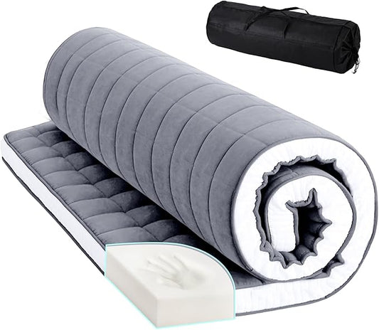 Tiita Japanese Floor Mattress Futon Mattress 4” Thick Folding Roll Up Sleeping Pad with Bag & Strap, Bed Topper Mat for Guest, Lounger and Tavel, Gray,Full Size