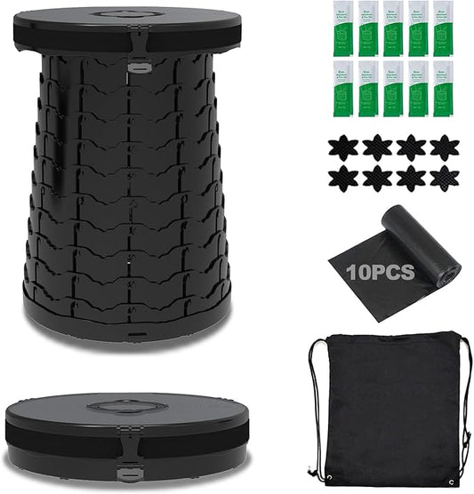 Camping Toilet Retractable Portable for Adults Kids, Adjustable Height Potty with Lid Foldable Design for Hiking, Car Travel, Truck, RV, Boating, Road Trips, Beach (Black)