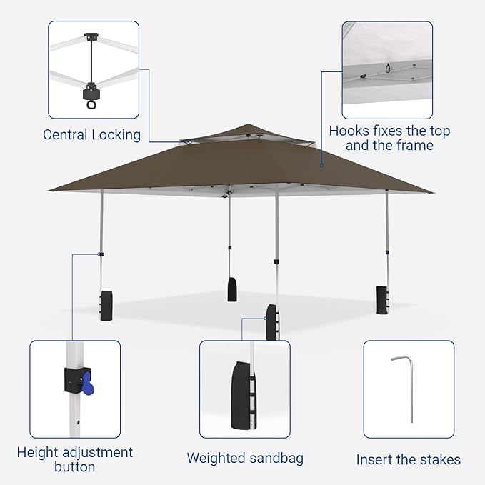 Favofamilie13x13 FT Pop Up Canopy, Instant Setup Gazebo with Wheeled Carry Bag, 4 Sandbags & 4 Ropes, UV-Resistant Top, Heavy Duty Outdoor Shelter for Backyard Camping Events, Brown