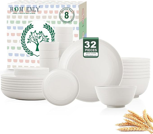Homienly KItchen Wheat Straw Dinnerware Set, Alternative to Plastic Plates and Bowls Sets, Unbreakable Lightweight Dishes Set for 8 - Plate Set, Soup Bowls, Drinking Glasses for KItchen, Party - White