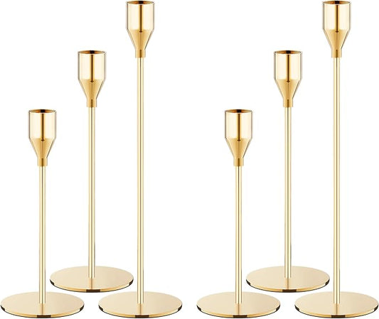 Gold Taper Candle Holders Set of 6, Metal Candlestick Holders for Table or Mantel Decor Centerpiece, Candle Stick Holder Decor for Wedding, Dinning, Party or Anniversary